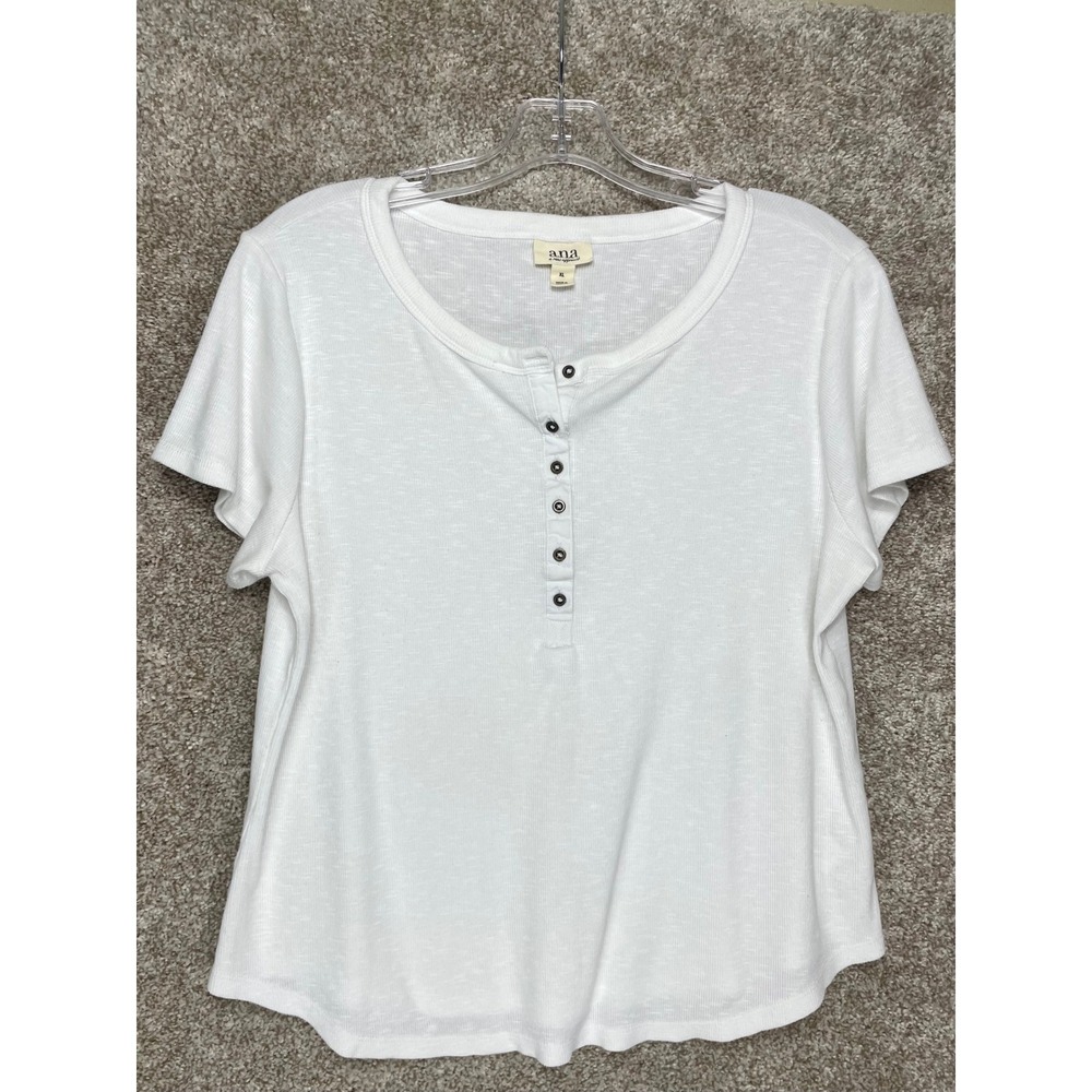 a.n.a Ribbed Short Sleeve Henley Top Women XL White Button Front Loungewear Chic
